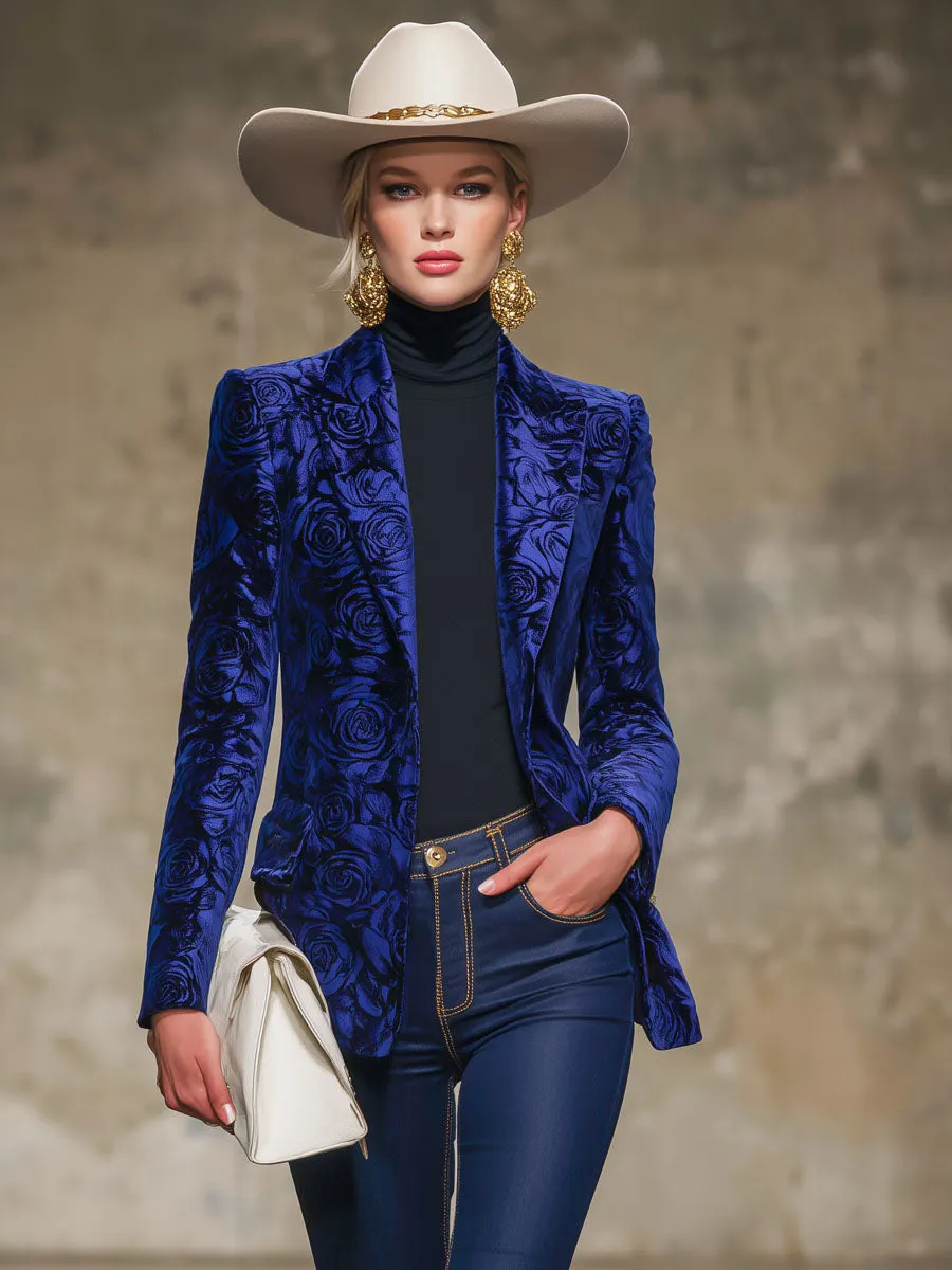 Royal Blue Rose Print Velvet Lapel Blazer