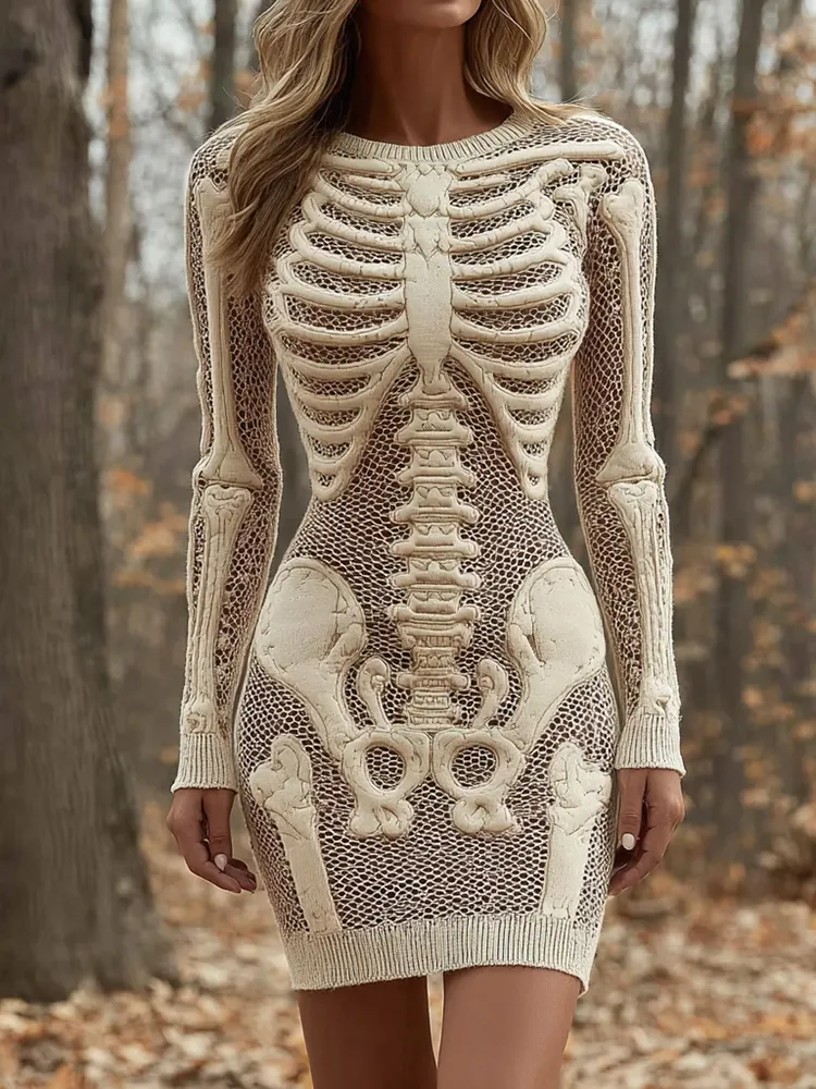 Women's Vintage Halloween Skeleton Bones Comfortable Elegant Sweater Dress