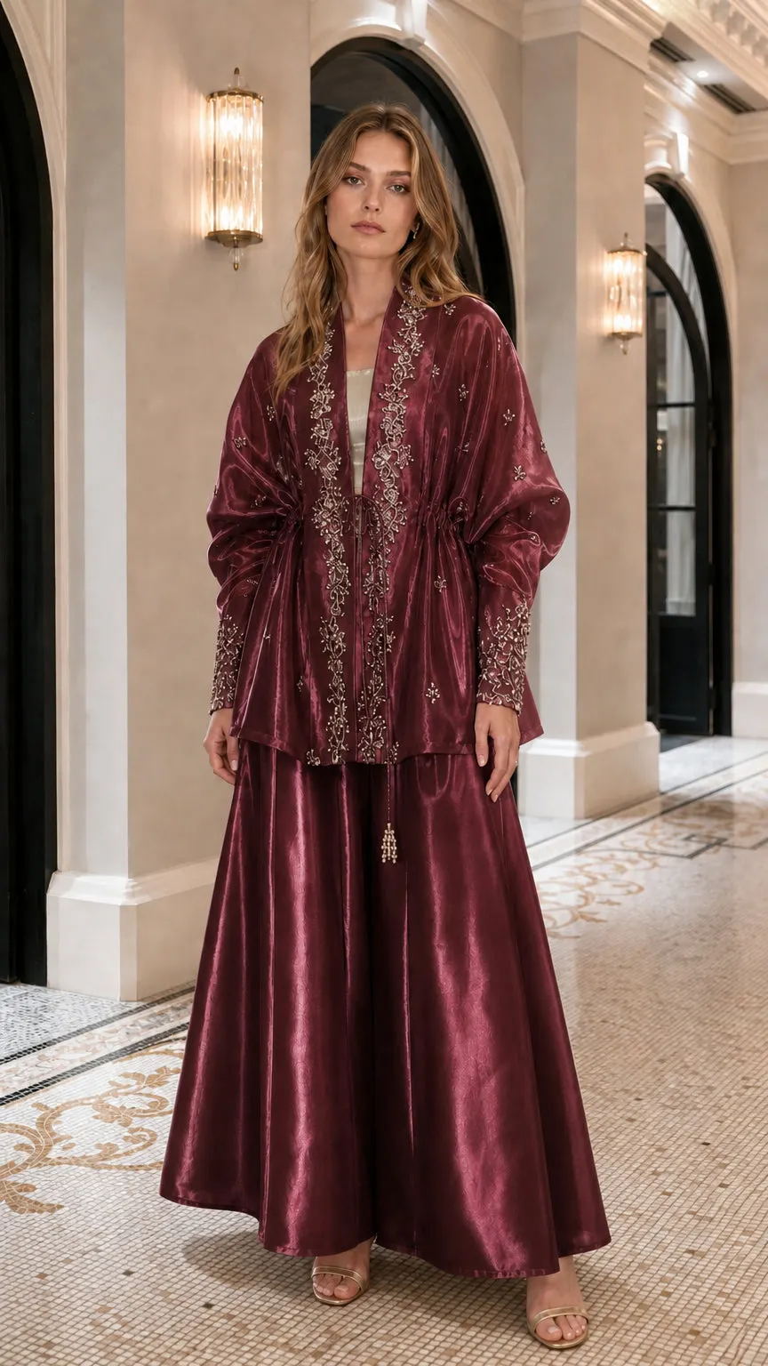 Metallic Overcoat and Wide-Leg Pants Set