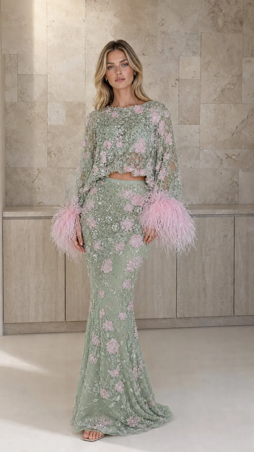 Embellished Two-Piece Feather Trim Crop Top and Maxi Skirt Set