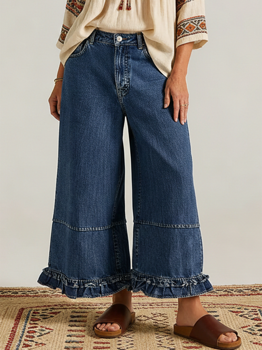 Casual Cozy Ruffled Details Denim Wide-leg Pants