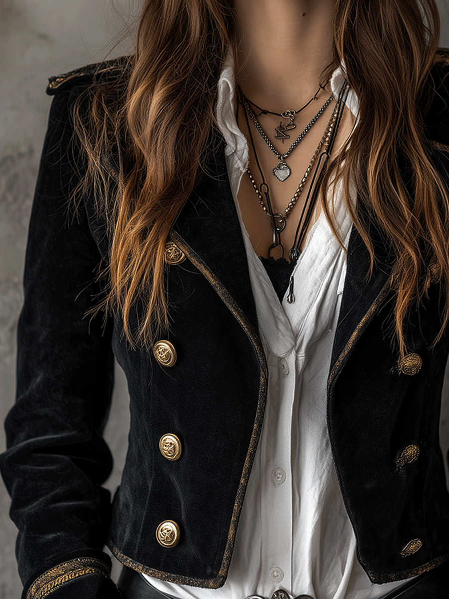 Retro Black Velvet Military Gold Button Detailing Blazer