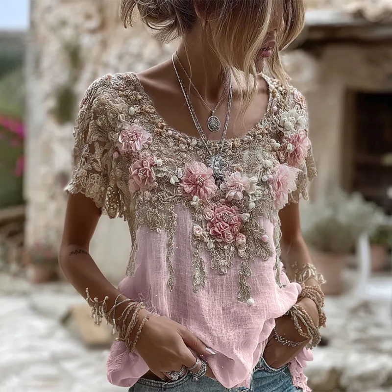 Women's Pink Rose Embroidery Art Round Neck Short Sleeve Linen Blend T-shirt