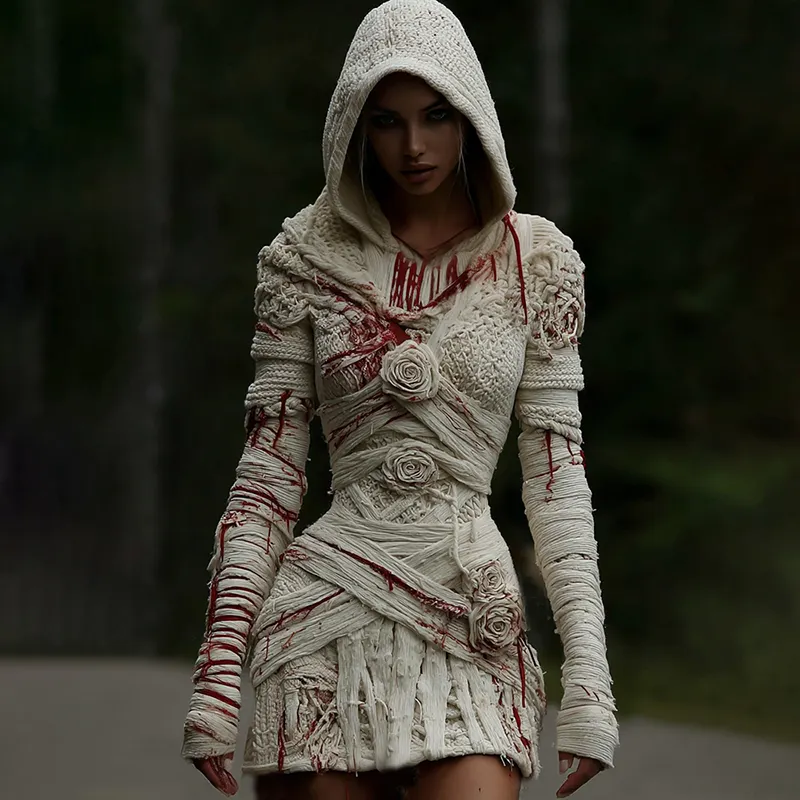 Women's Halloween Muscle Anatomy Bandage With Rose Art Cozy Knit Hooded Sweater Dress