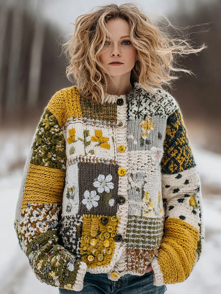 Women's Floral Heart Patchwork Button Warm Cardigan Sweater