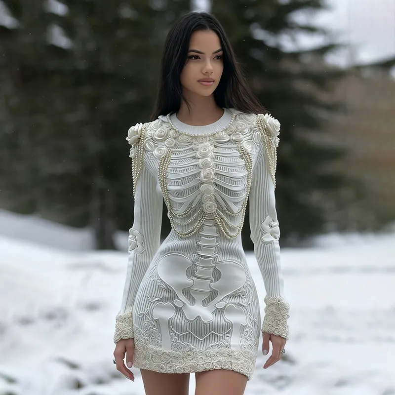 Women's Vintage Halloween Skeleton Bones With White Rose Art Cozy Knit Mini Sweater Dress