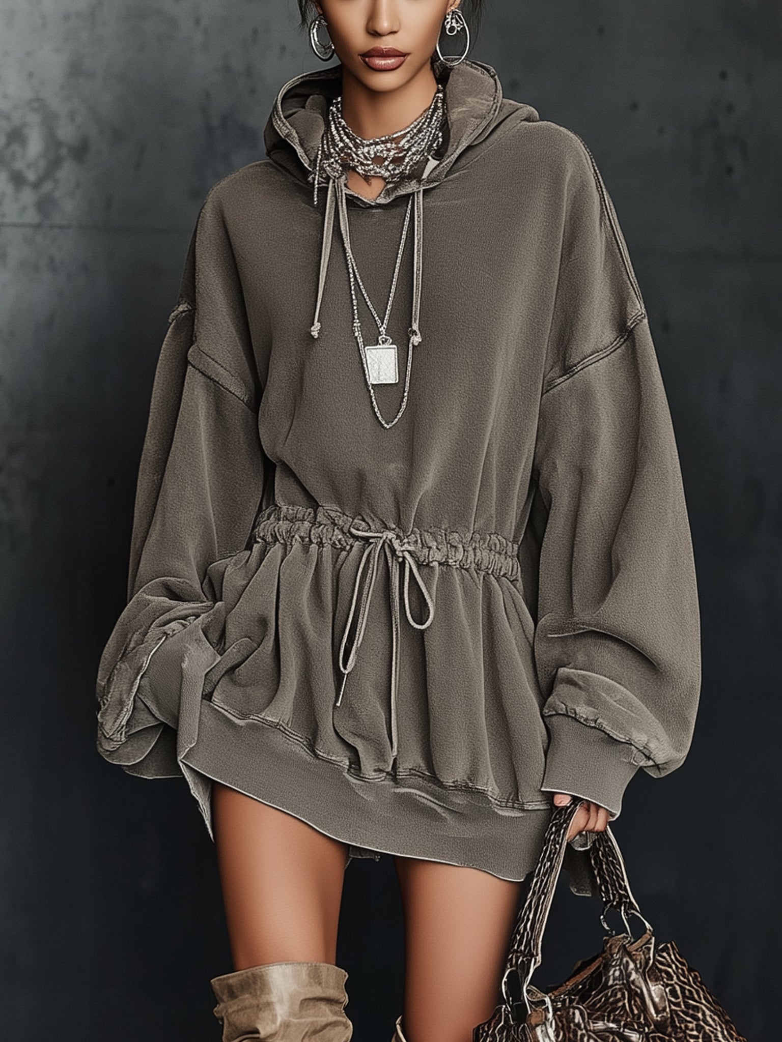 Charcoal Washed Hooded Drawstring Long Sleeve Mini Dress