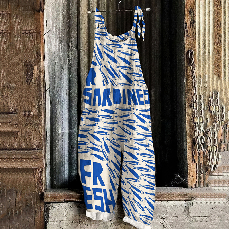 Retro Ocean Sardinas Fish Art Print Linen Loose Casual Jumpsuit