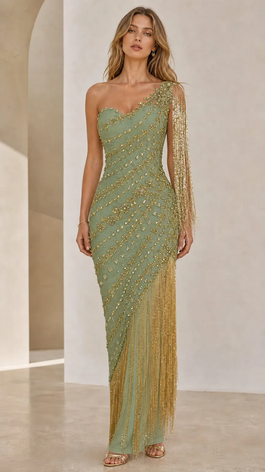 One-Shoulder Fringe Evening Gown