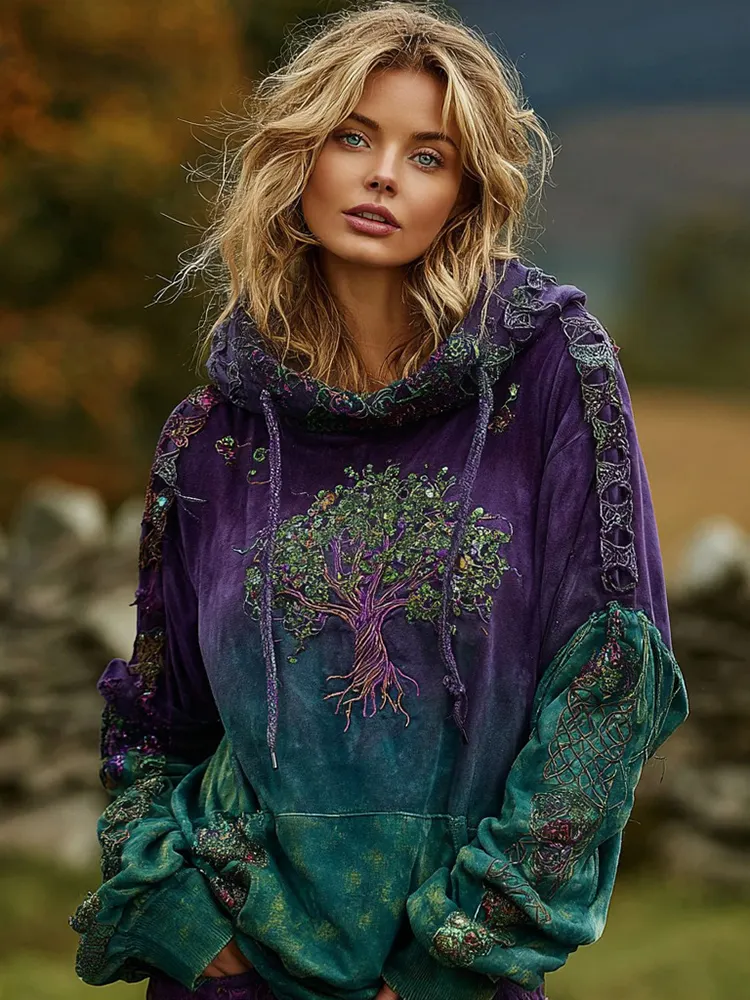 Women's Vintage Celtic Knot Viking Tree Of Life Art Graphic Cozy Hoodie