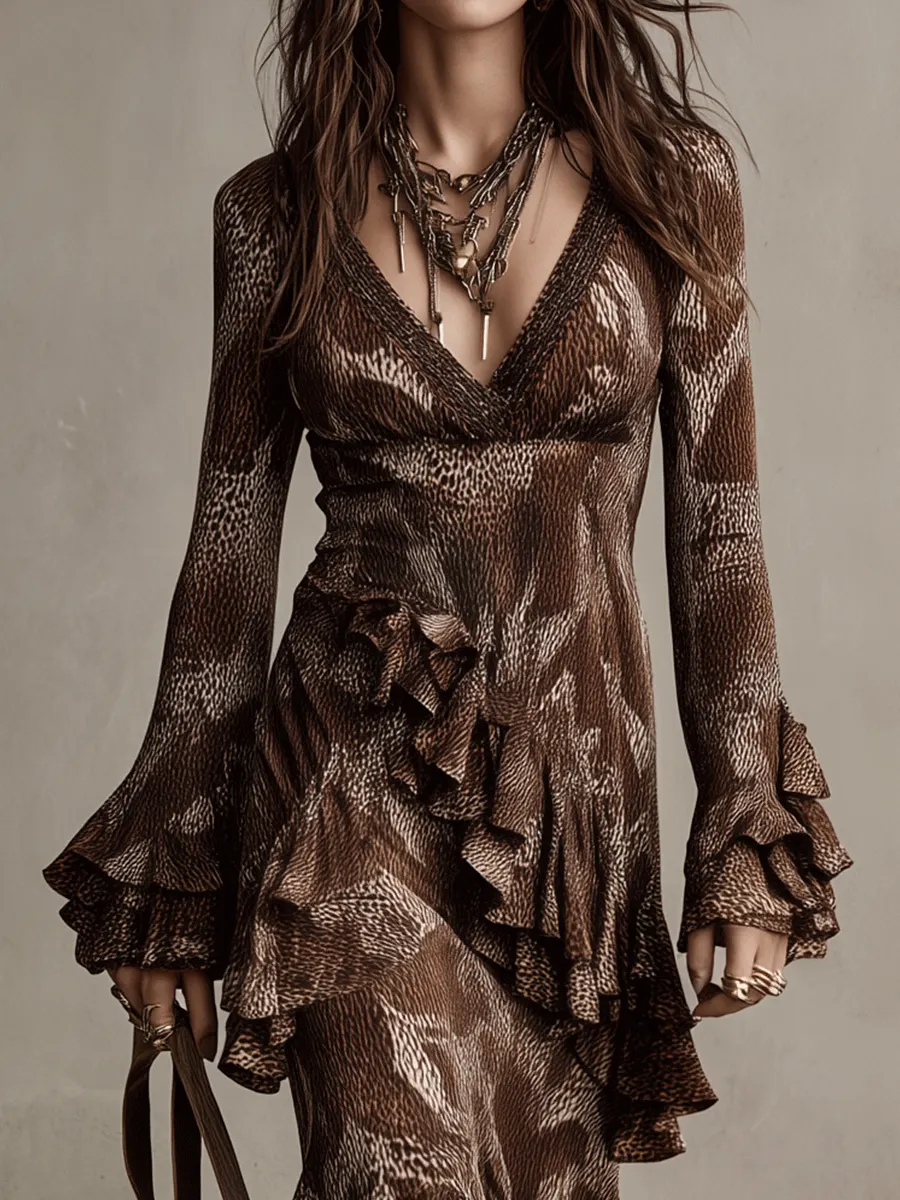 Vintage Brown Flounce Long Sleeve Gown Maxi Dress