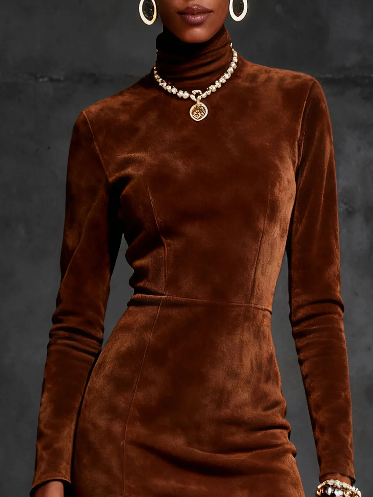 Brown Faux Suede Turtleneck Fringe Hem Mini Dress