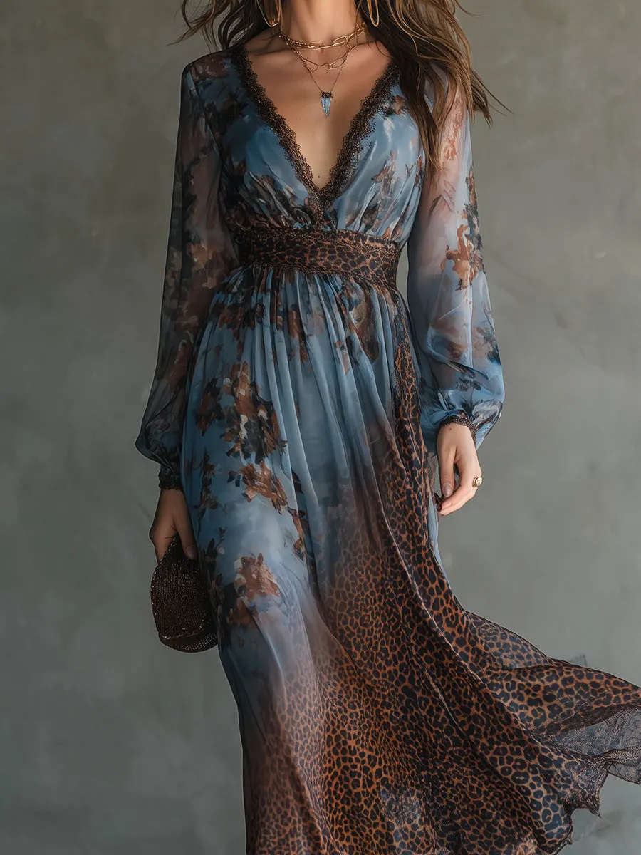 Boho Holiday Leopard Print Chiffon Lace Maxi Dress