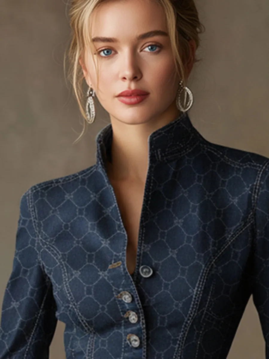 Fashionable Retro Geometric Print Navy Denim Jacket