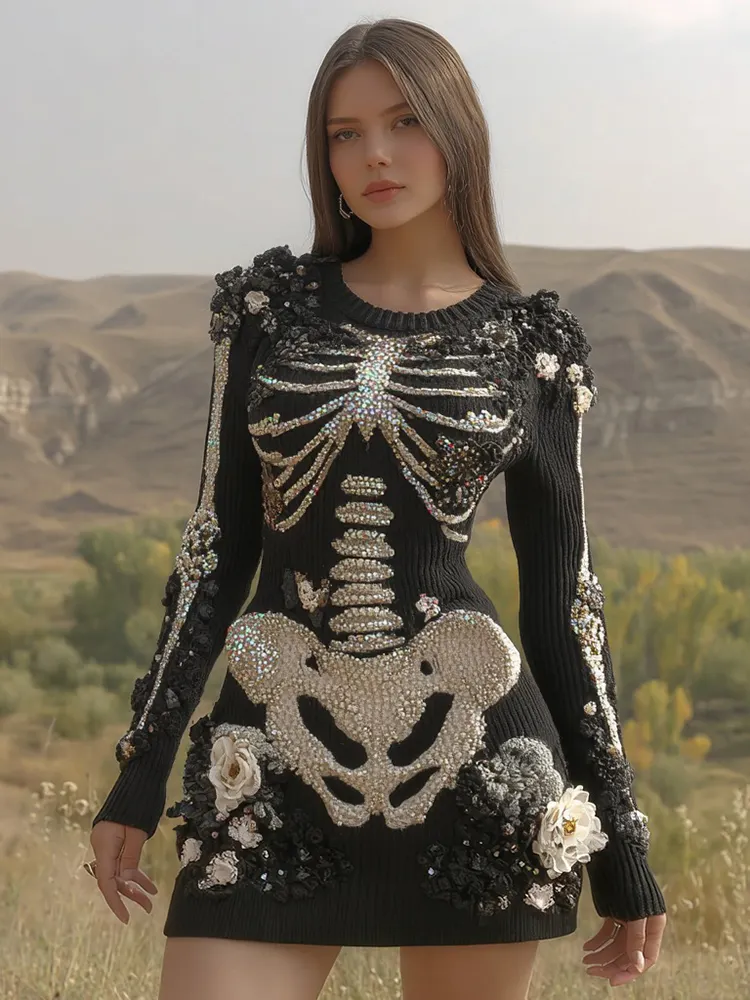 Women's Vintage Skull Floral Art Cozy Sweater Dress