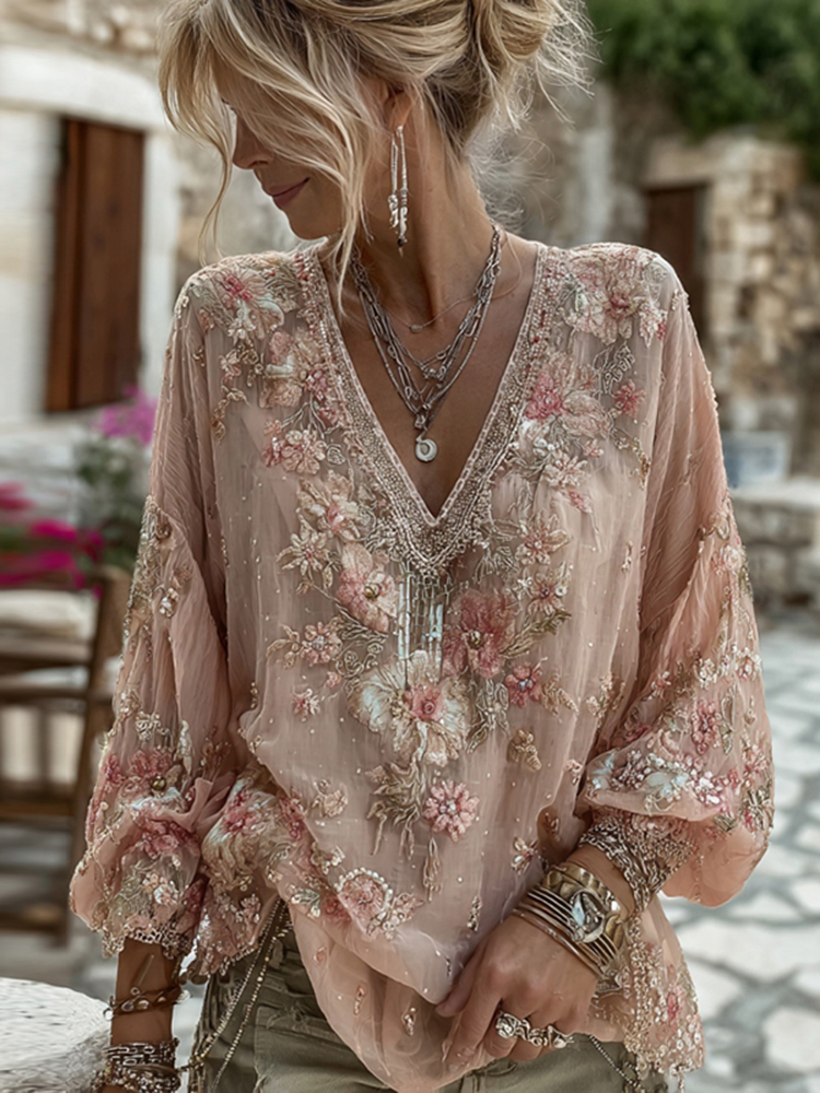 Women's Vintage Pink Floral Embroidered Art V-neck Long Sleeve Blouse