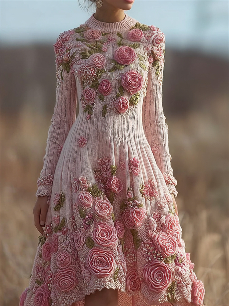 Classy Pink Roses Beaded Cozy Knit Sweater Dress