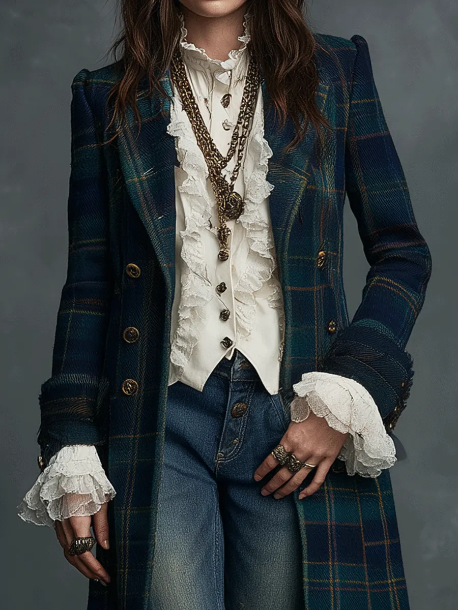 Vintage Navy Tartan Long Military Vintage Gold Buttons Coat