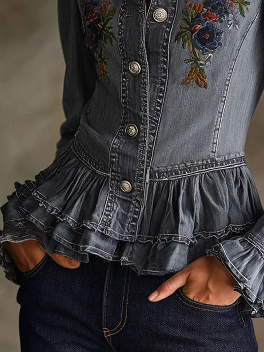 Casual Retro Floral Embroidered Ruffled Gray-blue Denim Jacket