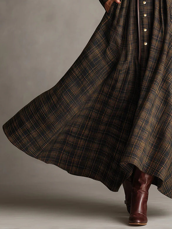 Brown and Black Plaid Lapel Single-Breasted Shirt Long Dress