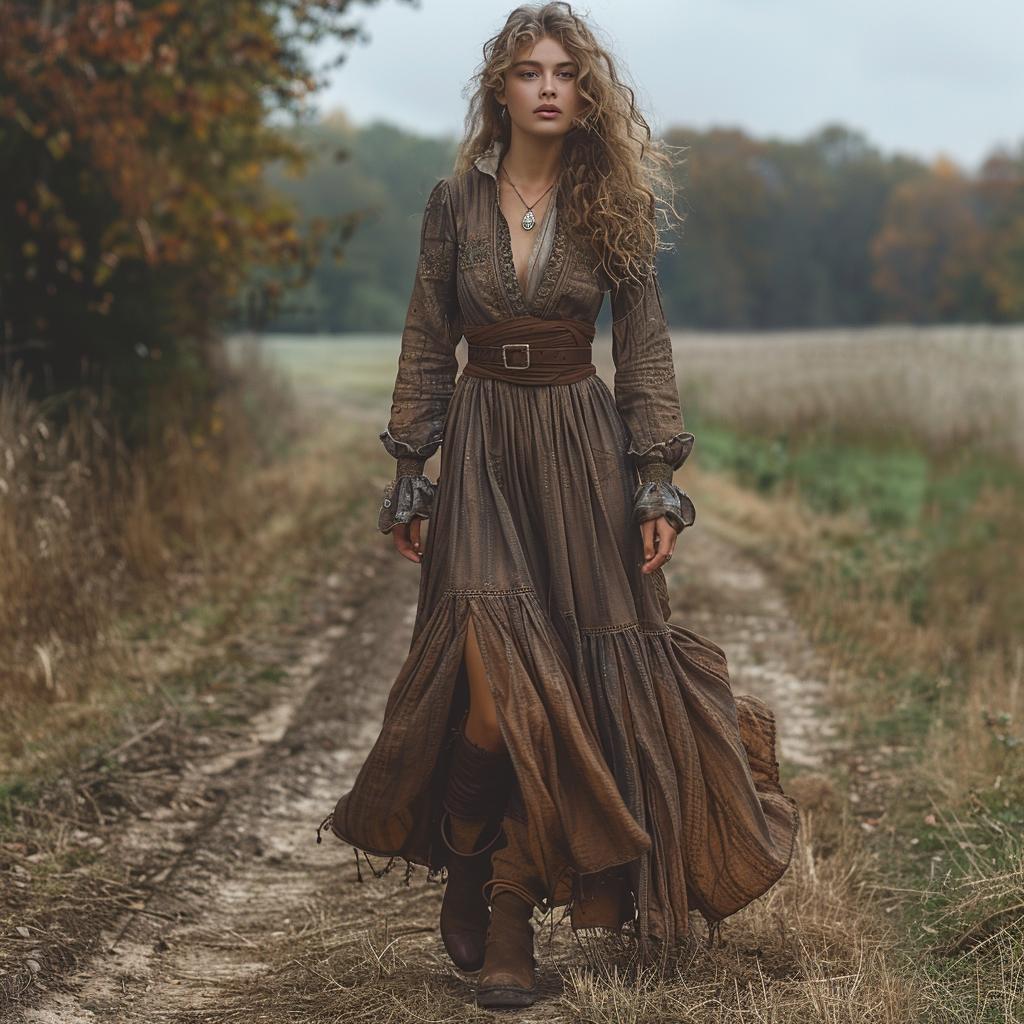 Vintage V-neck Bohemian Pastoral Style Long-Sleeve Maxi Dress