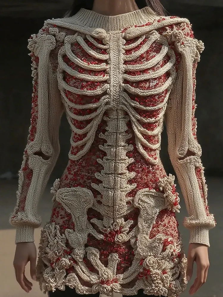 Women's Vintage Skull Floral Art Cozy Sweater Dress