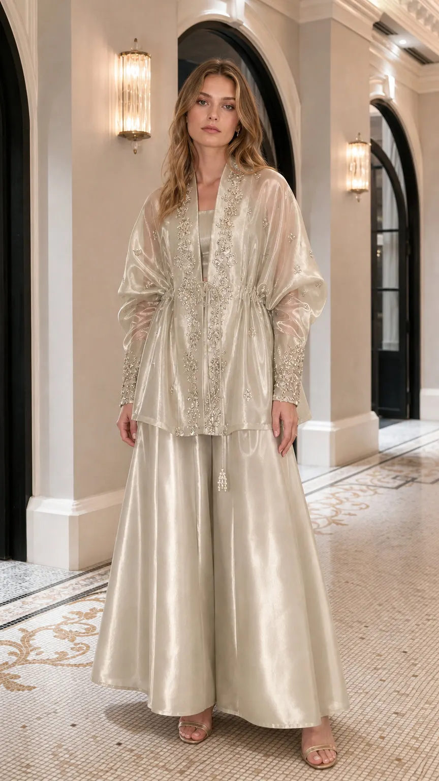 Metallic Overcoat and Wide-Leg Pants Set