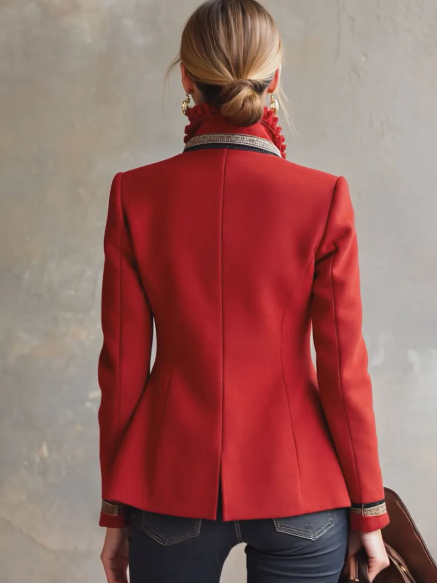Ruffled Stand-up Collar Single-breasted Rose Embroidered Woolen Jacket