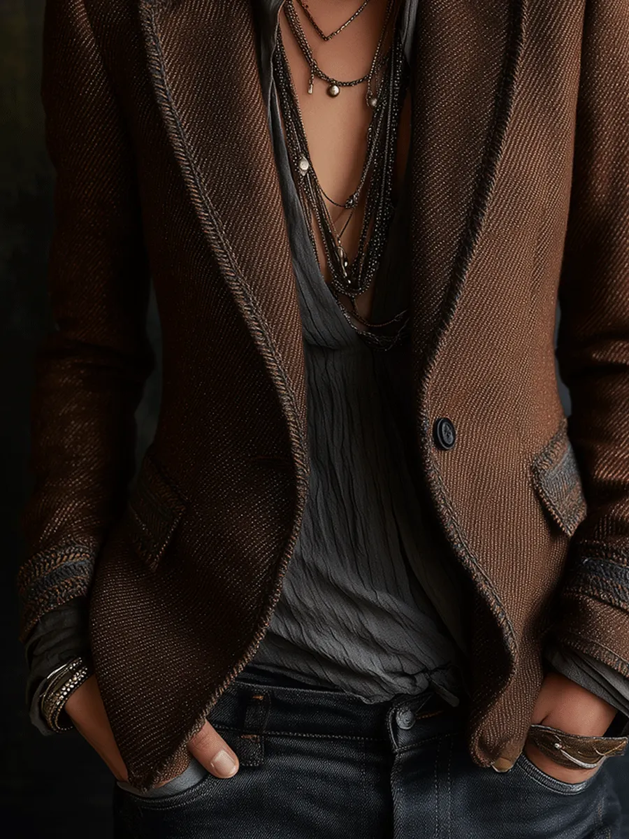 Retro Chic Dark Brownwith Contrast Edge Trim Tailored Blazer