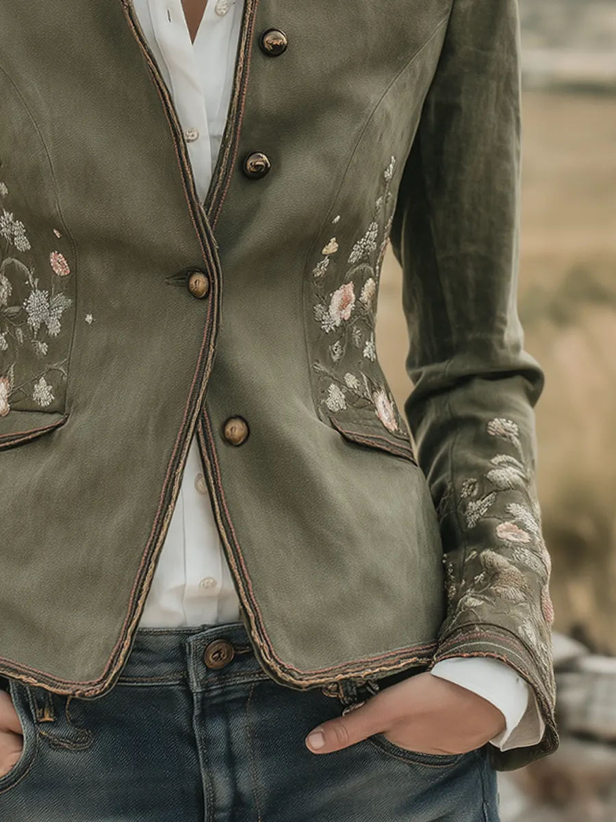 Retro Stand-up Collar Floral Embroidery Contrast Trim Jacket