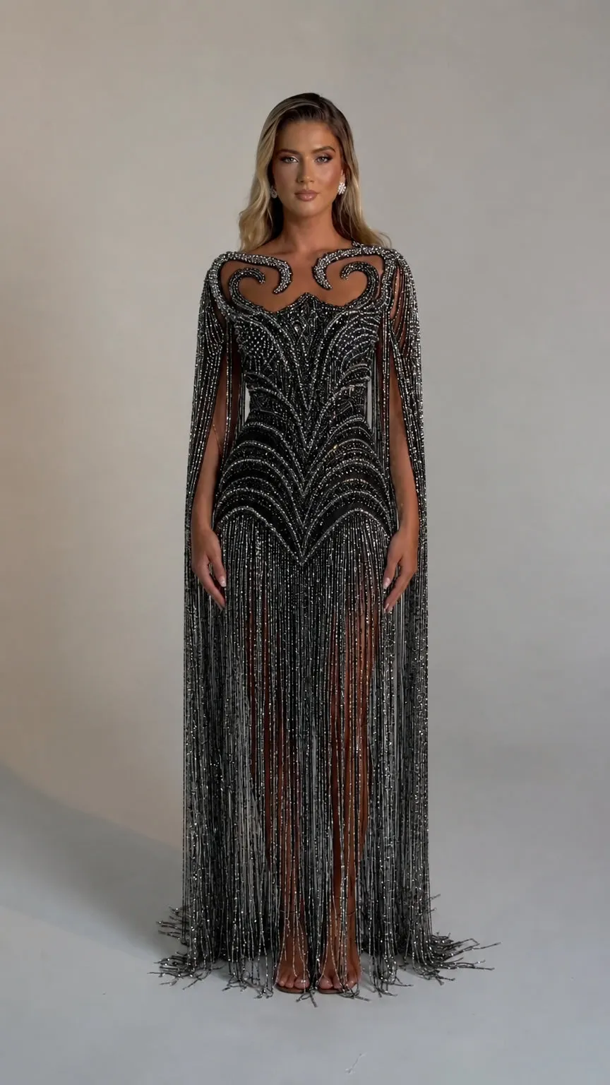 Luminous Fringe Cape Evening Gown