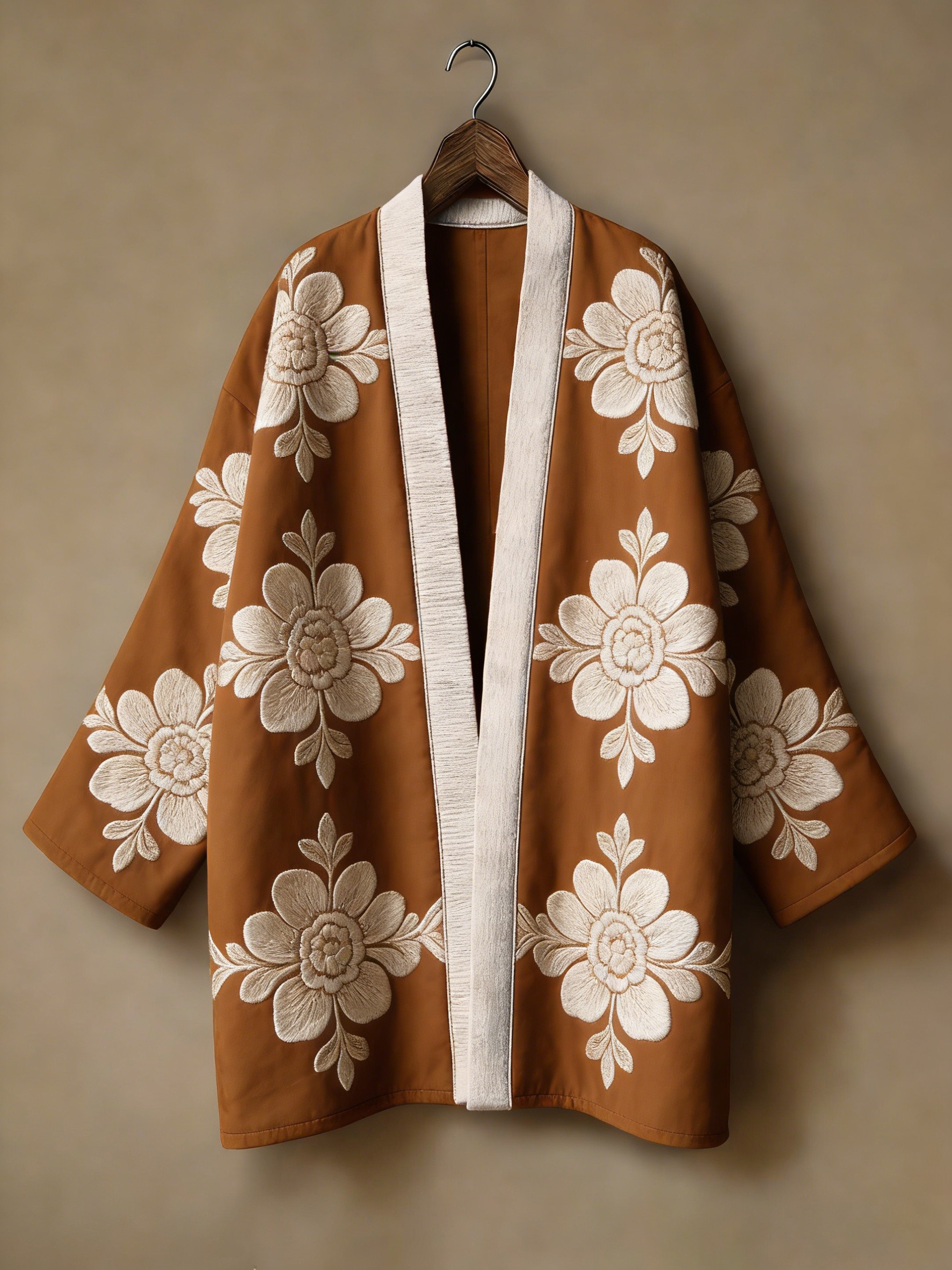 Flannel embroidered printed medium and long kimono cardigan