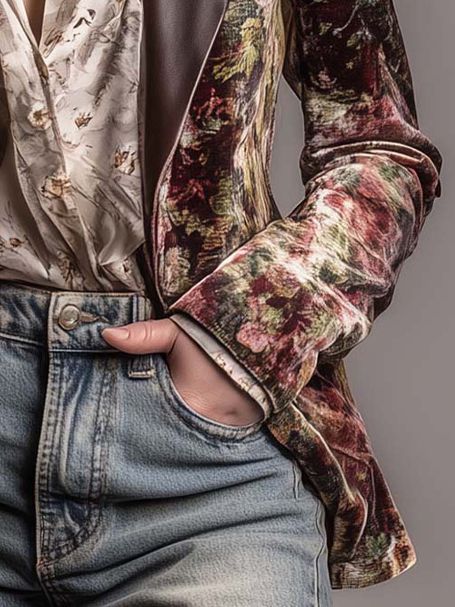 Vintage Floral Velvet Blazer With Leather Lapels