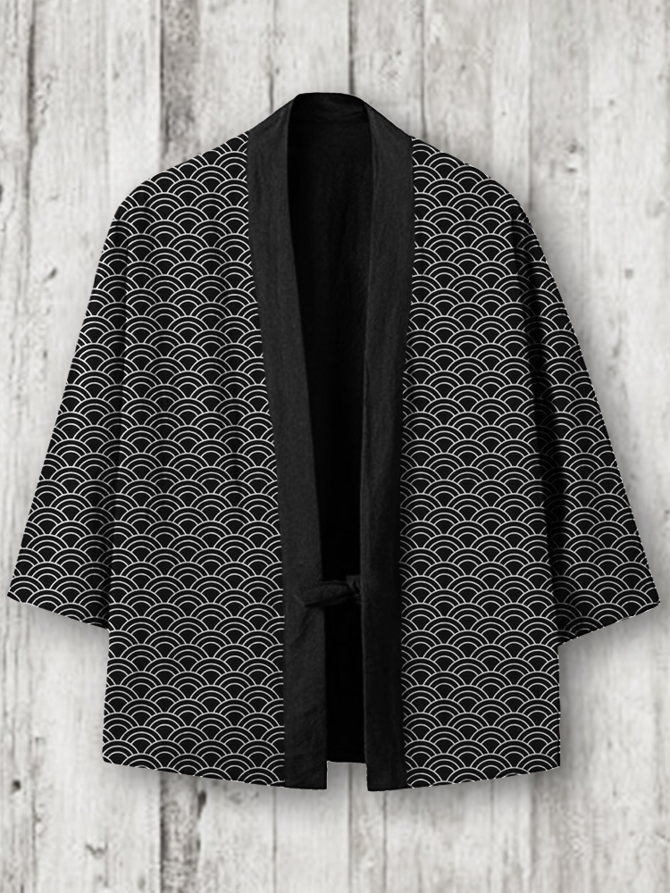 Sea Waves Classic Japanese Pattern Linen Blend Kimono Cardigan