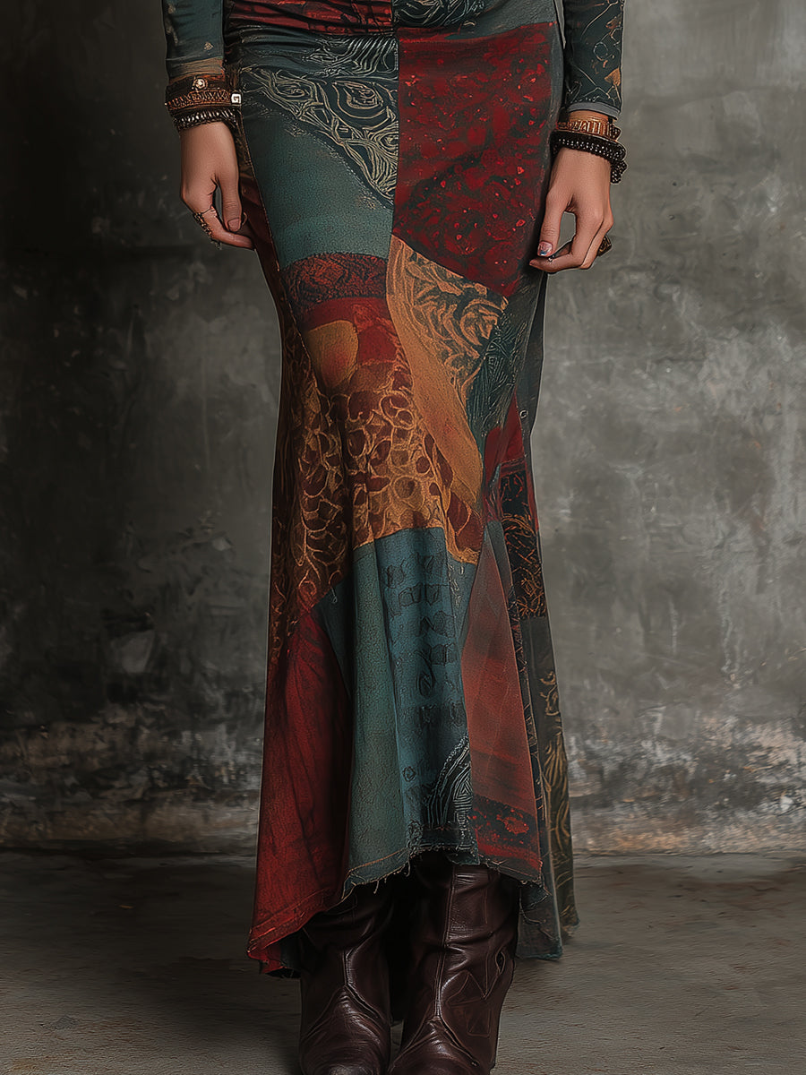 Bohemian Ethnic Print Cotton Blend Slim Fit Fishtail Maxi Dress