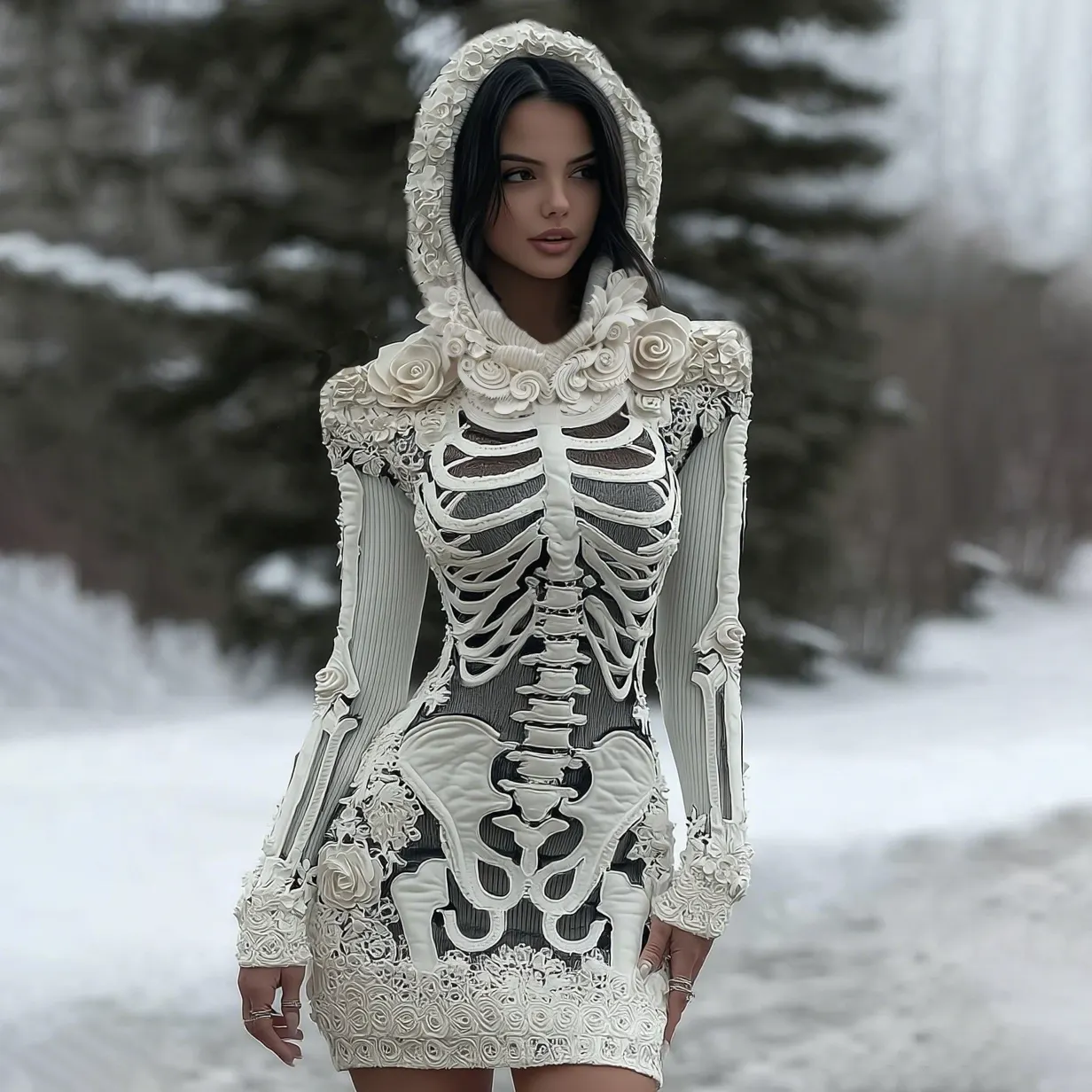 Women's Vintage Halloween Skeleton Bones With Rose Art Cozy Knit Hooded Sweater Dress