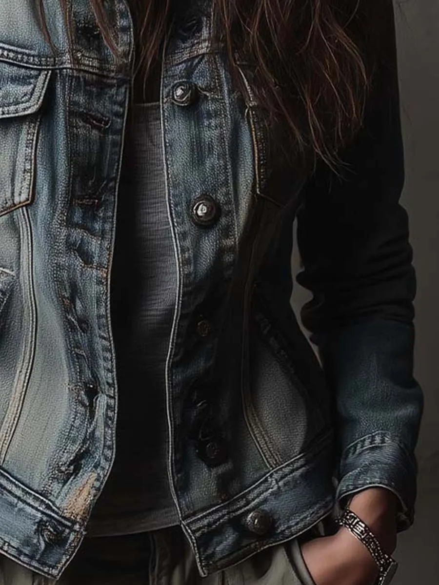 Washed And Faded Utility Denim Jacket With Epaulettes