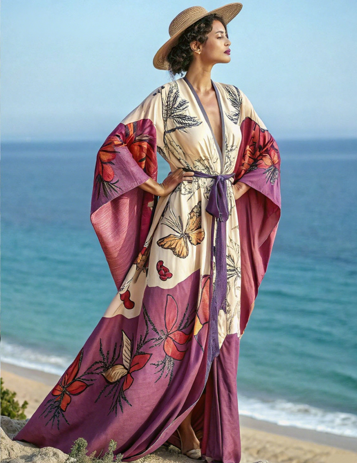 Artistic floral seaside resort pattern kimono robe (with belt)