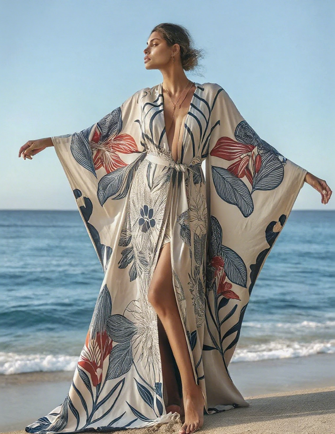 Artistic floral seaside resort pattern kimono robe (with belt)