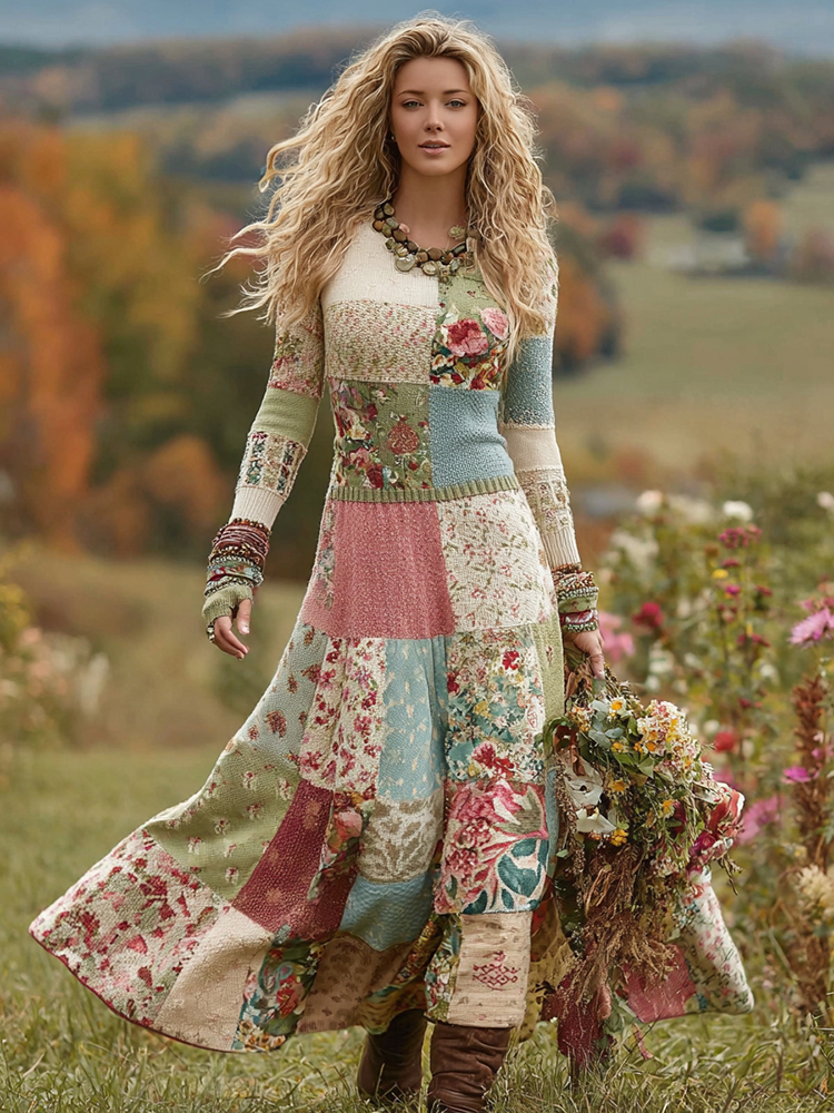 Women's Vintage Patchwork Floral Art Cozy Knit Maxi Sweater Dress