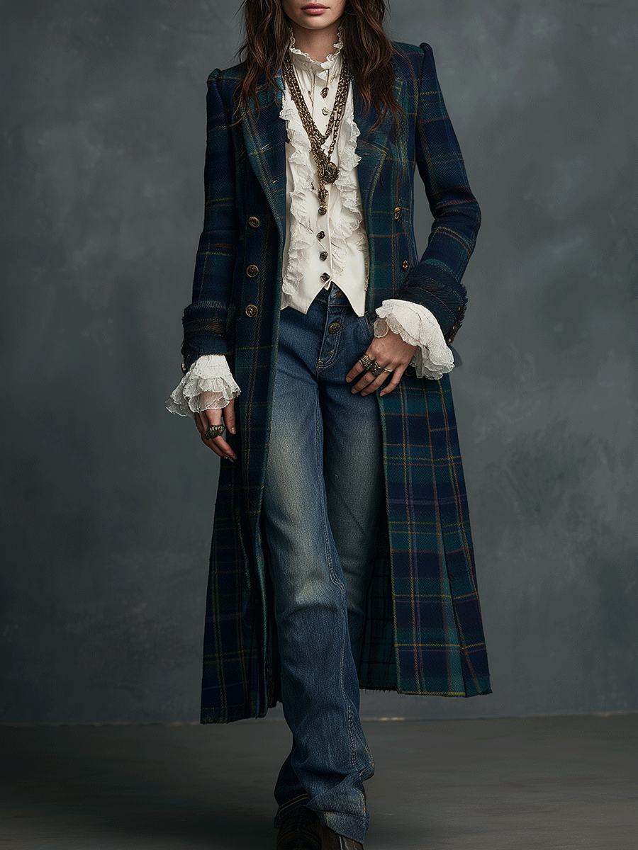 Vintage Navy Tartan Long Military Vintage Gold Buttons Coat
