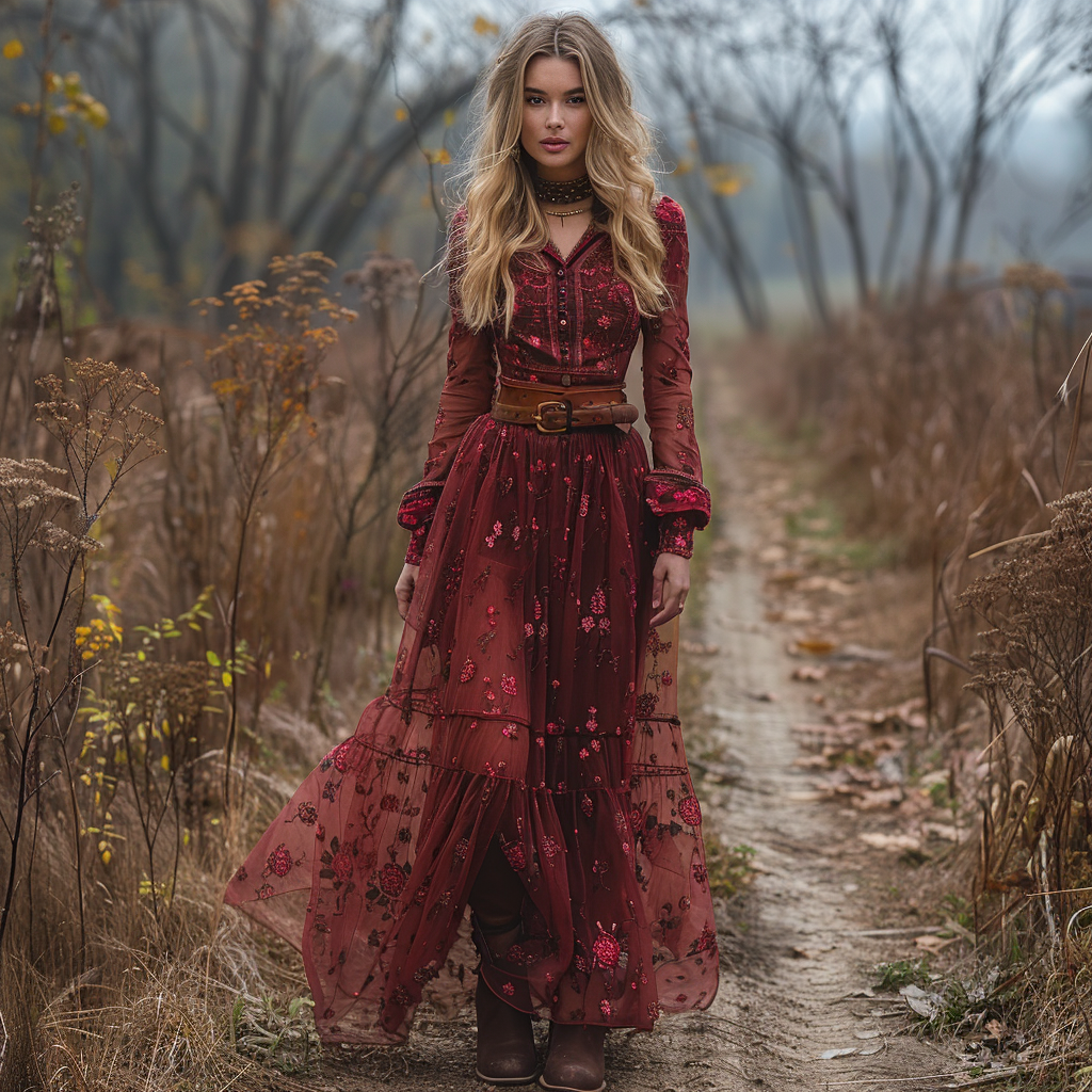 Vintage V-neck Floral Bohemian Pastoral Style Long-Sleeve Maxi Dress