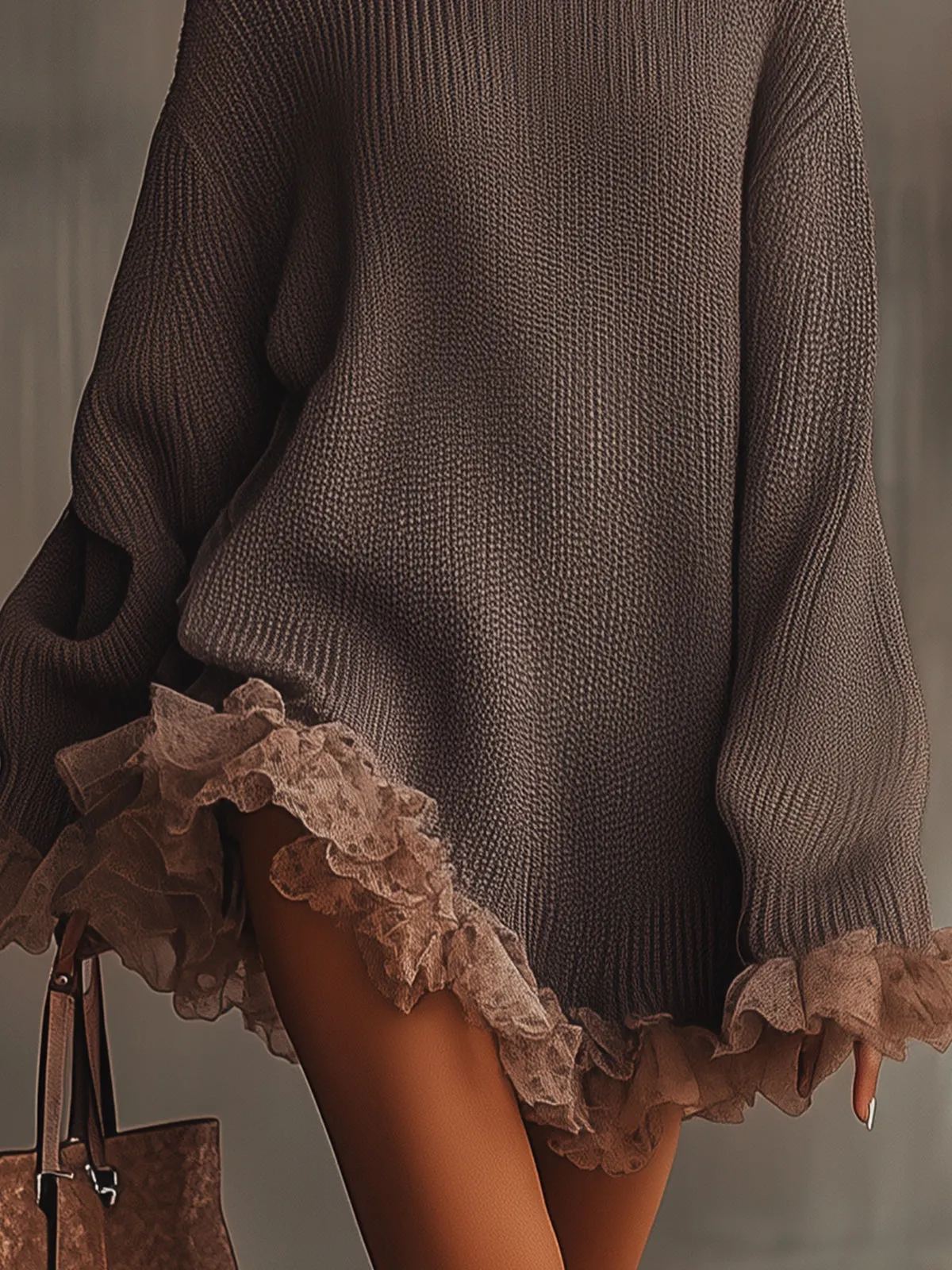 Brown Ruffled Hem Turtleneck Sweater Dress