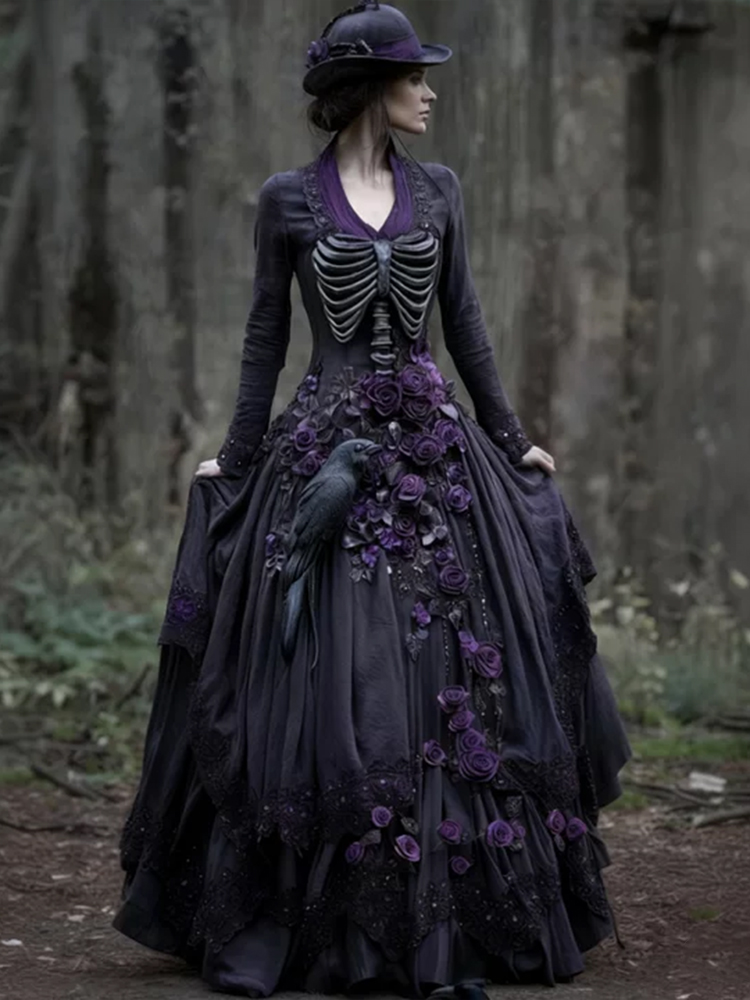 Women's Halloween Crow And Rose Tie Dyeing V-neck Dress