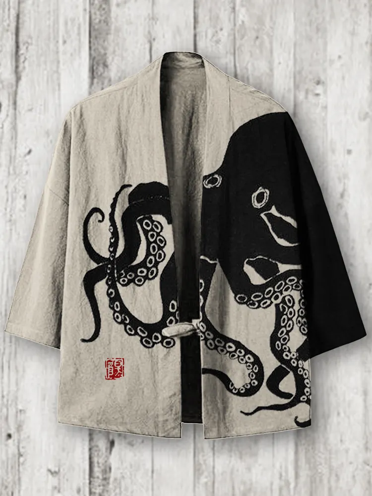 Octopus Japanese Lino Art Contrast Linen Blend Kimono Cardigan