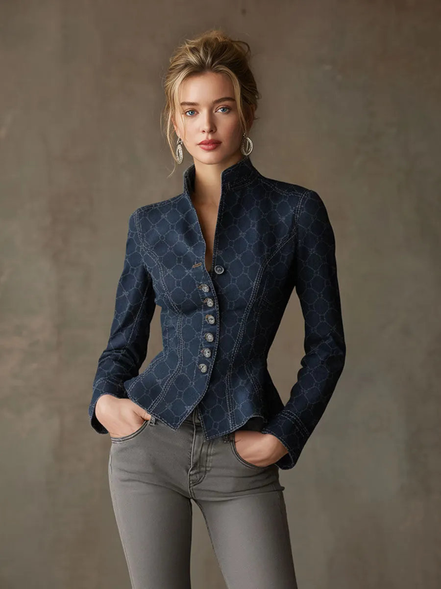 Fashionable Retro Geometric Print Navy Denim Jacket