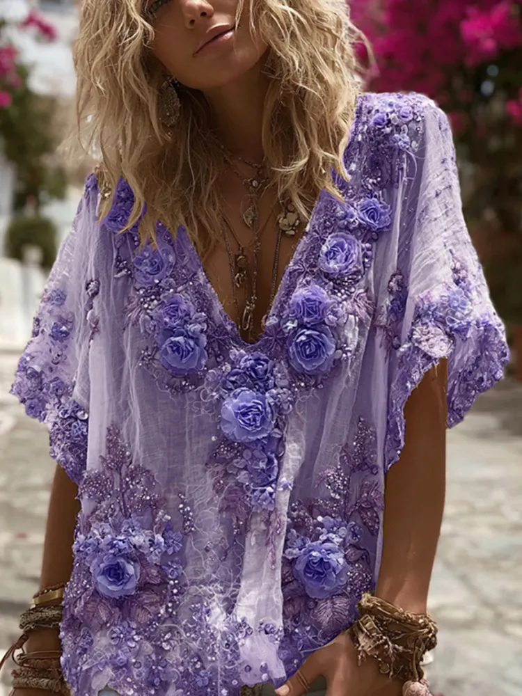 Vintage Pink Rose Embroidery Linen Short Sleeve T-shirt