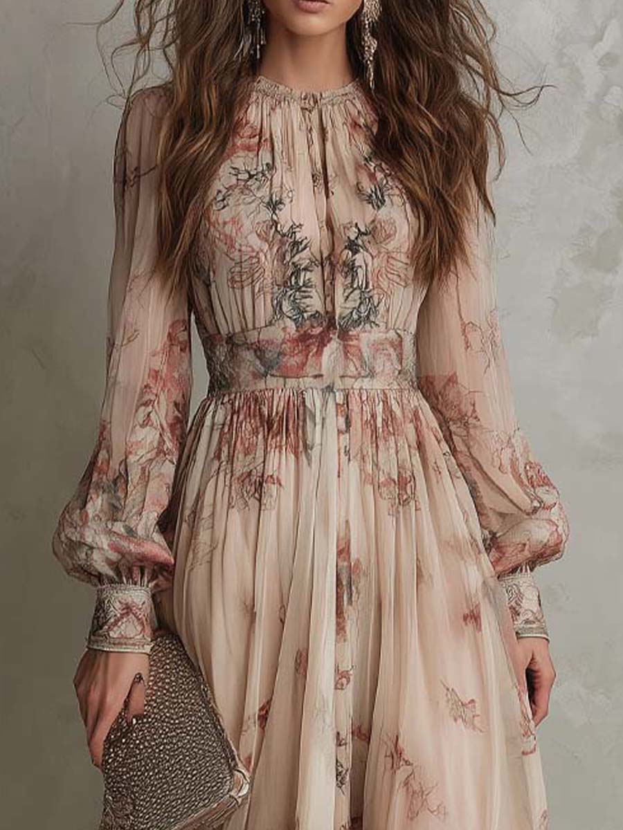 Vintage Floral Chiffon High-Neck Maxi Dress