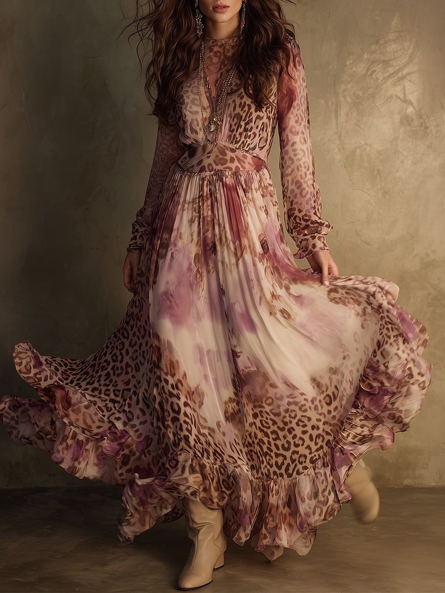 Romantic Boho Holiday Leopard Print Ruffle Hem Chiffon Maxi Dress