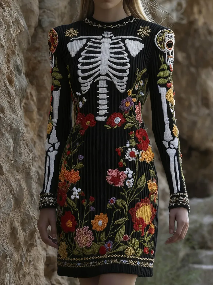 Women's Vintage Halloween Skeleton Bones And Flower Comfortable Elegant Sweater Dress